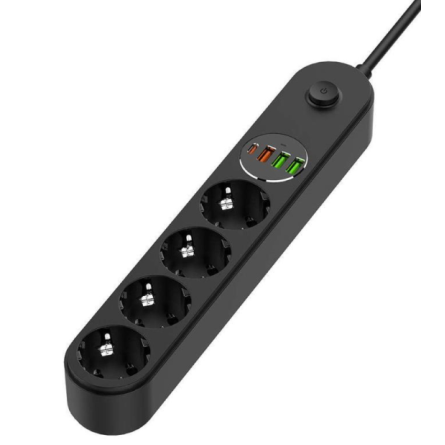 Мережевий фильтр Colorway 4 розетки/3USB (2USB-A 1 TYPE-C) (24W) Black 5M (CW-CHE435PDB)