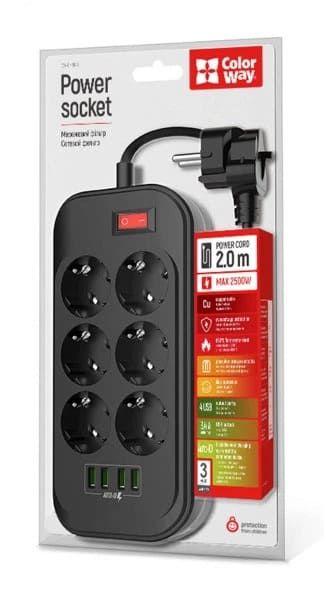Мережевий фільтр СolorWay 6 розеток/4USB Black 2M