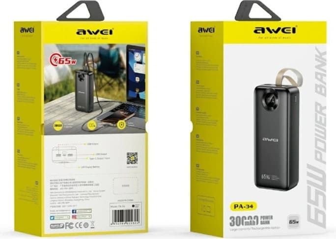 Повербанк AWEI PA-34 30000mAh 65W Fast charging чорний 