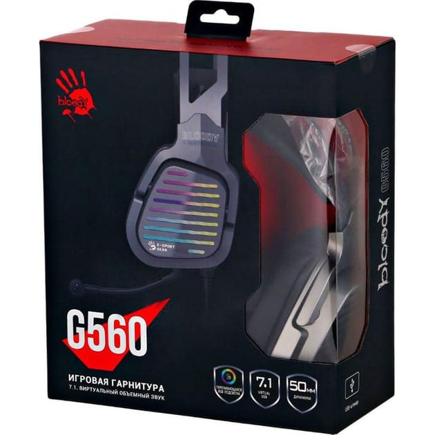 Гарнітура ігрова Bloody G560 Gun Grey з підсвічуванням, колір сірий, USB